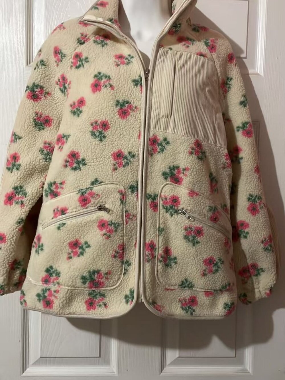 Women’s Fuzzy Sherpa Jacket Casual Floral Print Stand Collar Long Sleeve Zip Up